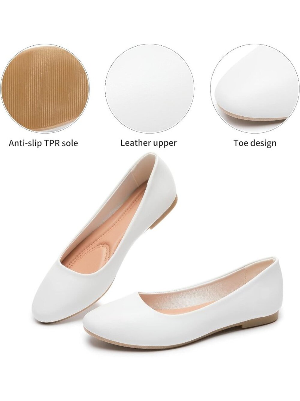 Women's White Faux Leather Comfortable Slip on Ballet Classic Dress Flats Shoes - Picture 4 of 6